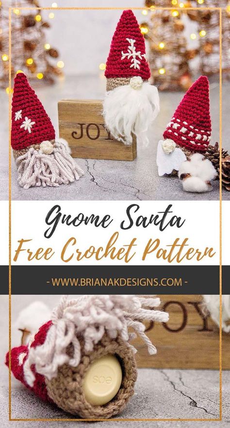 Cute Gnome Santa Gift Ornament Free Crochet Pattern. If you need a quick teacher, friend, or neighbor gift this works great as an ornament and is the perfect size for the sphere lip balms. And also perfect for home decor! #crochet #freecrochet Crochet Soap Saver, Crochet Gnome, Ornaments Crochet, Crochet Xmas, Gnome Gift, Crochet Christmas Decorations, Gift Crochet, Crochet Ornaments, Holiday Crochet