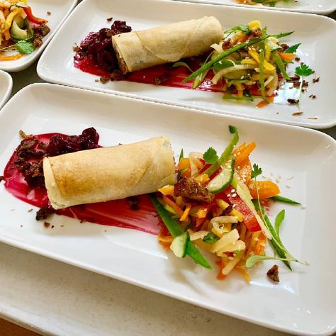 Today's yummy starters. #duckspringrolls #weddingfood #castlewedding Spring Rolls Presentation, Spring Roll Presentation, Starter Menu Ideas, Duck Spring Rolls, Garnish Tumpeng, Gastronomic Food, Plated Dinner, Charcuterie Appetizers, Chef Ideas