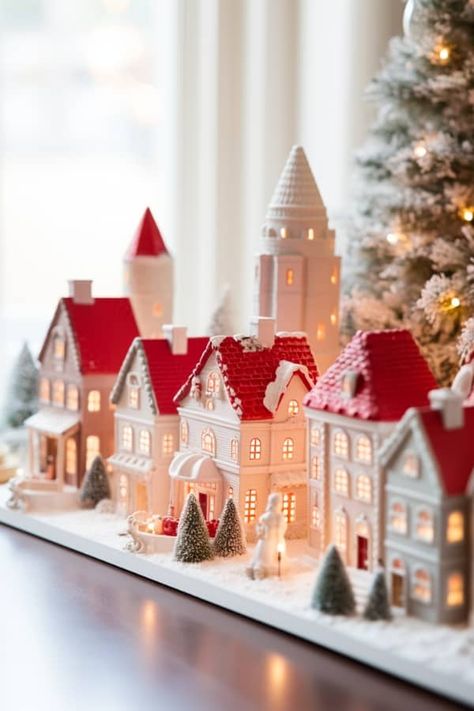 Scandinavian Christmas Village Diy, Scandinavian Christmas Village, Diy Christmas Village Houses Clay, Christmas Village Decor Ideas, Diy Christmas Houses Village, Scandinavian Christmas Decor Ideas, Christmas Village Diy, Diy Christmas Village Houses, Christmas Village Ideas