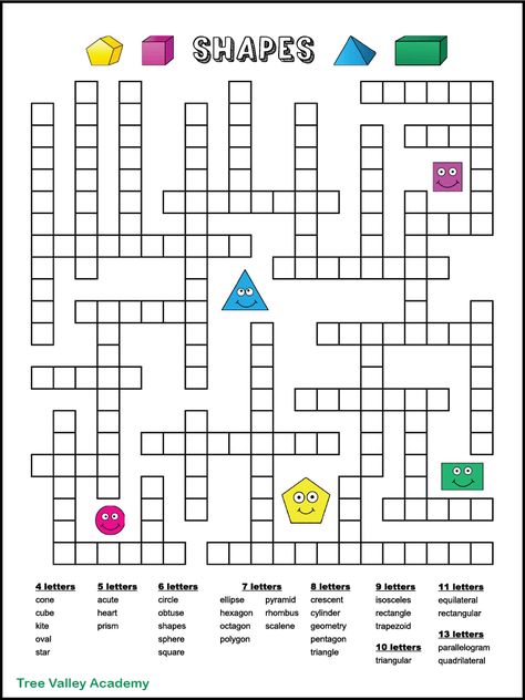 A one page free printable geometry shapes fill in word puzzle.  The puzzle has 33 geometric shape words to fit in the puzzle.  The downloadable pdf has 2 versions to choose from: black and white or color.  Answers included. Fill In Crossword Puzzles Printable, Cross Words Puzzle For Kids, Fill In Puzzles Free Printable, Word Puzzles For Adults, Math Tlm, Shapes Template, Fill In Puzzles, Word Puzzles For Kids, Geometry Vocabulary