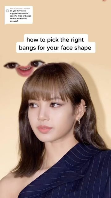 Ju on Instagram: "How to pick the best bangs for your face #hairhacks #koreanhair #kbeauty" Lisa Face Shape, Oblong Face Hairstyles Short, How To Know Ur Face Shape, What Bangs For Face Shape, How To Know My Face Shape, Bangs For Oblong Face Shape, Bangs According To Face Shape, Bangs For Circle Face, Face Shape For Bangs