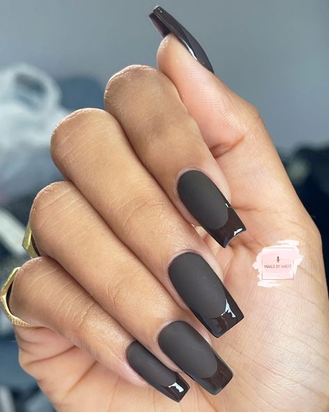 Brown nails, gel x, matte, shiny french tips Nails Acrylic Dark Skin Tone, Matte Nails With French Tips, Matt Nails With Shiny Tips, Cute Black Nails Ideas French Tips, Matte Nails French, Brown Nails Gel, Matte French Tip Nails, Dark Brown Acrylic, Cute Black Nails