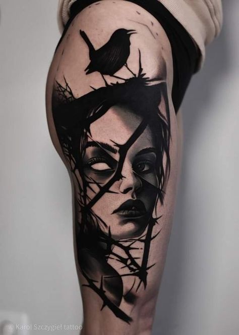 Dark Realism Tattoo, Polka Tattoo Designs, Trash Polka Tattoos, Geisha Tattoo Design, Trash Polka Tattoo Designs, Face Tattoos For Women, Polka Tattoo, Hip Thigh Tattoos, Chicano Style Tattoo