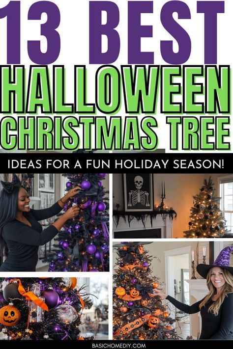 Find the 13 fun Halloween Christmas Tree ideas for a great holiday season. Get inspired with DIY Halloween home decor ideas in black, white, green, purple, and orange. Find ghost Halloween Christmas tree inspiration and get creative Halloween Christmas tree topper ideas, from skeletons to witches, perfect for indoor or outdoor holiday Christmas tree ideas. Get easy mini tree decorations and Dollar Tree items for spooky Halloween home decor ideas with simple ways to decorate a Halloween tree. Halloween Christmas Tree Ideas, Christmas Tree Topper Ideas, Diy Halloween Tree, Tree Topper Ideas, Halloween Home Decor Ideas, Diy Halloween Home Decor, Halloween Christmas Tree, Winter Holiday Party, Halloween Tree