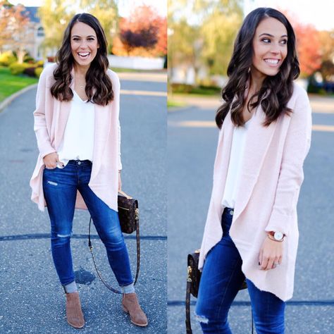 Click here to shop this soft pink cardigan. Perfect for Fall or Winter paired with ankle booties and a basic white tee! Blush Cardigan Outfit, Long Pink Cardigan, Soft Pink Cardigan, Pink Cardigan Outfit, Blush Cardigan, Basic White Tee, Cardigan Outfit, Leather Strap Watch, Cardigan Outfits