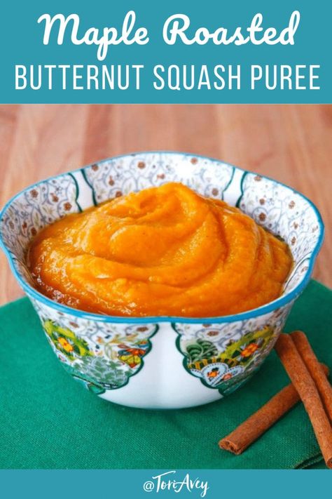 Maple Roasted Butternut Squash Puree -  Dairy free recipe with coconut milk, maple syrup, cinnamon and spices perfect side dish for Thanksgiving or Rosh Hashanah. | ToriAvey.com #butternutsquash #squashpuree #maple #roastedsquash #vegan #kosher #healthy #glutenfree #coconutmilk #roshhashanah #sukkot #Thanksgiving #TorisKitchen Recipe With Coconut Milk, Dairy Free Recipe, Butternut Squash Apple, Baked Butternut Squash, Butternut Squash Puree, Squash Puree, Coconut Milk Recipes, Delicious Thanksgiving, Kosher Recipes