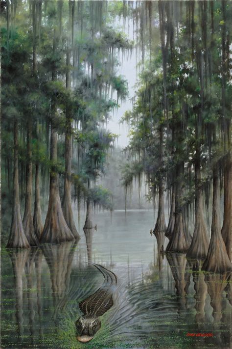 Wildlife Paintings — Ron Atwood Art Louisiana Art Paintings, Louisiana Aesthetic, Louisiana Art Prints, Swamp Painting, Swamp Art, Swamp Scene, Alligator Art, Alligators Art, Idea Paint