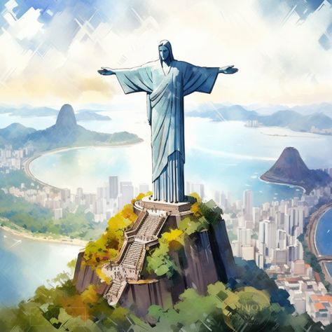 Paintings Of Christ, Christ The Redeemer Statue, Christ The Redeemer, Art Contest, Scenic Landscape, Christian Art, Interesting Art, Watercolor Painting, Monument