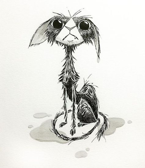 Inktober Day 16 prompt: "Wet" #inktober #inktober2016 #🐱 #💦 Scary Rabbit Drawing, Ink Cat Drawing, Zombie Rabbit Drawing, Rabbit Drawing Creepy, Rat Illustration Ink, Tim Burton, Cat Drawing, Cartoon Animals, Whimsical Art