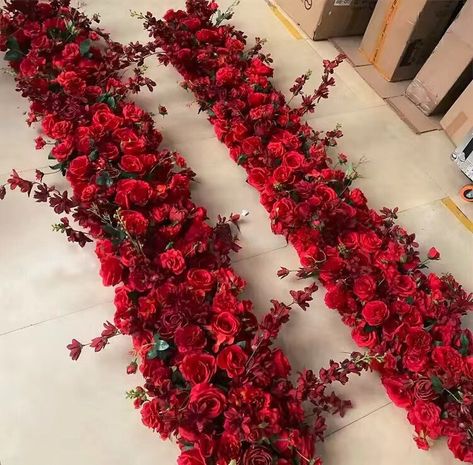 all the flowers garland are handmade,they are all  using the same high-quality silk flowers. but they will  not be as 100% same style flowers as the picture  🌷our flower garland is the best one for you our flower garland is very flexible, so it can be bent,  displayed on an arch,used as a table or aisle runner,  or as display on the head table 🌷wide use applications scene: office,leisure, bedroom, living room, coffee table,  windowsill,Balcony and so on. Application holiday:Wedding Party,Chris Red Roses Table Runner, Florals On Chandelier, Red Table Decorations Wedding, Red Rose Wedding Theme Decor, Red And Ivory Wedding Theme, Red Backdrop Wedding, Red Roses Table Decor, Black And Red Decorations, Red Wedding Decorations Elegant