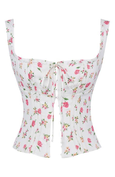 This corset-inspired top features soft linen-kissed yarns and hook-and-eye closures down the front. Exclusive retailer Square neck Lined 82% lyocell, 18% linen Dry clean Imported Square Neck Corset Top, How To Have Style, Neck Corset, Foto Casual, Pretty Top, Vintage Fits, House Of Cb, Rose Print, Floral Top