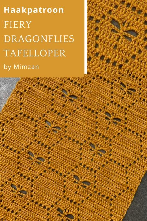 Haakinformatie | Haakpatroon Fiery Dragonflies Tafelloper • Haakinformatie Crochet Dragonfly Pattern, Baby Haken, Crochet Table Runner Pattern, Crochet Stitches Diagram, Crochet Triangle, Crochet Quilt, Haken Baby, Crochet Table Runner, Baby Blanket Crochet Pattern