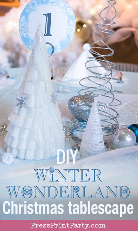 Winter Wonderland DIY Christmas Table Decor Ideas. White, blue and silver Christmas decorations with how to make coffee filter trees with snowflake confetti. And how to make Christmas wire trees, and Christmas string trees. Christmas tablescape for large event or Christmas party, diy holiday table setting. make you own Christmas centerpiece easy and for cheap and on a budget. Fun and creative idea by Press Print Party! #christmas #tablescape Press Print Party! Table Decorations Winter, Diy Christmas Table Decor, Diy Winter Wonderland, Winter Wonderland Centerpieces, Christmas Party Inspiration, Christmas Winter Wonderland, Christmas Table Decorations Diy, Holidays Decorations, Diy Christmas Table