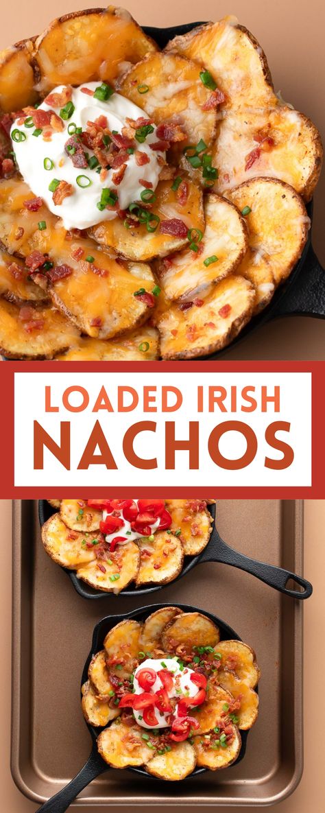 irish nachos in a cast iron skillet with toppings Irish Potato Nachos, Irish Pub Nachos, Irish Nachos Recipe, Savory Lunch, Irish Nachos, Awesome Appetizers, Viral Recipes, Best Cocktail Recipes, Tailgate Food