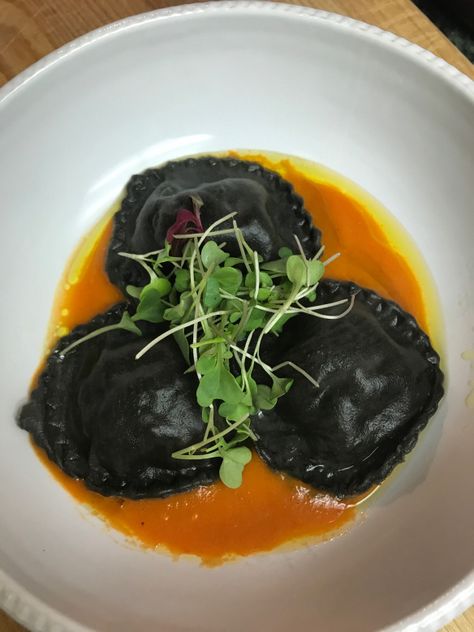 Squid Ink Recipes Dishes, Squid Ink Ravioli, Squid Ink Recipes, Squid Ink Pasta Dishes, Halloween Ravioli, Black Ravioli, Lobster Ravioli Recipe, Elevated Recipes, Squid Ink Pasta Recipe