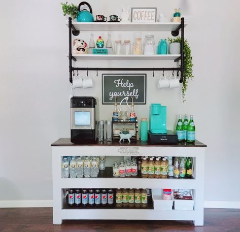 More than just a coffee bar. Basement Snack Bar Ideas Beverage Center, Hydration Station Home, Drink Stations Home, Beverage Station Cabinet, Beverage Bar Station, Drink Station Home Beverage Center, Home Beverage Station, Work Snack Bar, Ice Coffee Station