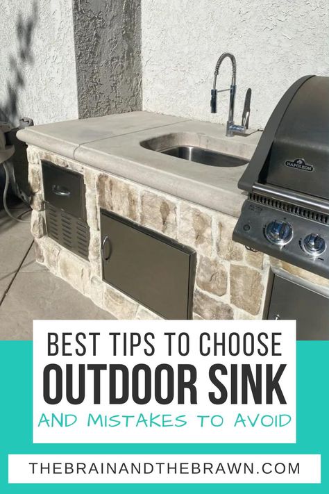 Looking for your perfect outdoor sink? We share 3 genius tips for choosing an outdoor kitchen sink, outdoor sink station, or a garden sink! Backyard Sink Ideas, Outside Sink Ideas Backyards, Outdoor Sinks Station Backyards, Outdoor Kitchen Sink Ideas, Outdoor Kitchen Simple, Outdoor Sink Station, Outdoor Sink Ideas, Cyprus Villa, Outdoor Kitchen Patio Ideas