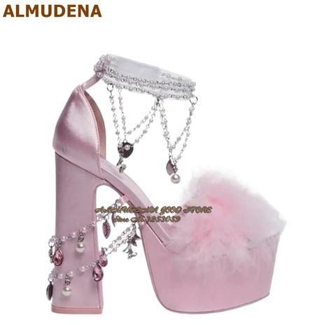 78.4US $ 20% OFF|ALMUDENA Pink Satin Big Chunky Heel Fur Sandals Fluffy Feather Platform Wedding Shoes Bling Bling Beads Chain Decorated Pumps| |   - AliExpress Platform Wedding Shoes, Bling Wedding Shoes, Wedding Shoes Platform, Fur Sandals, Beads Chain, Heel Pumps, Pink Satin, High Heel Pumps, Chunky Heel