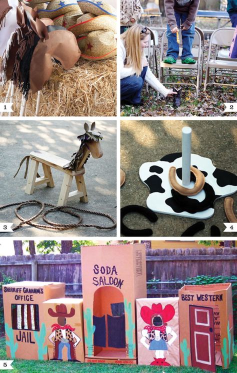 Western birthday party- brown paper stick horse heads; drop clothes pins in a boot; Saw Horses; box western town;... Cowboy Party Games, Western Party Games, Country Western Parties, Unicorn Diy, Wild West Party, Western Birthday Party, Rodeo Party, Cowboy Birthday Party, Western Birthday