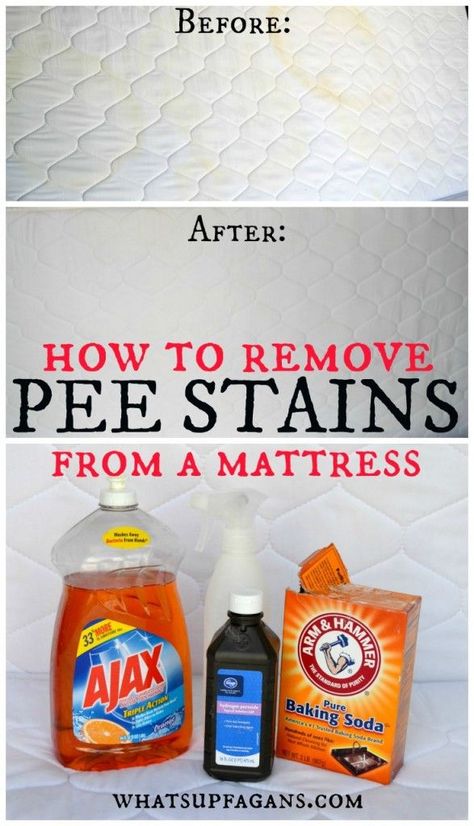 Tutorial on how to remove pee stain from mattress using natural ingredients! It's an easy, quick, and effective cleaning solution. Be rid of kid's accident. Pee Stains, Clean Hacks, Clean Baking Pans, Cleaning Painted Walls, Glass Cooktop, Deep Cleaning Tips, Clean Dishwasher, House Cleaning Tips, Diy Cleaning Products