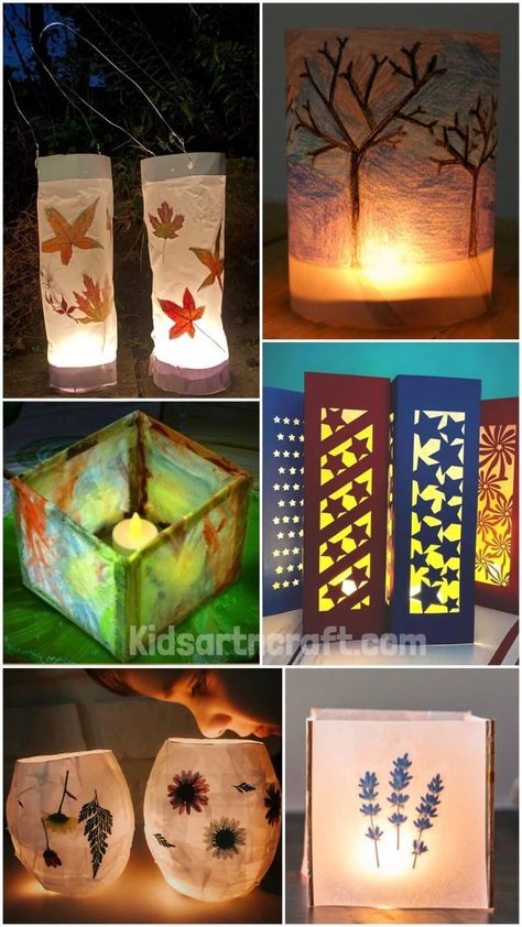 Wax Paper Lanterns DIY Ideas - Kids Art & Craft Wax Paper Lanterns Diy, Wax Paper Lantern, Wax Paper Lanterns, Leaf Lantern Craft, Lantern Diy Ideas, Paper Lantern Craft, Lantern Crafts For Kids, Paper Bag Lanterns, Homemade Lanterns