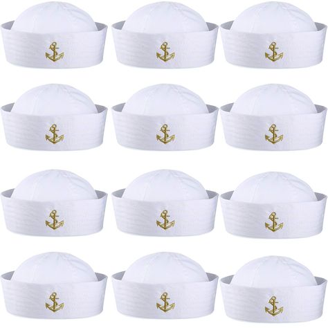 PRICES MAY VARY. Package includes: you will get 12 pieces white sailor hat in each package, one size can fit most adults Exquisite design: each captain caps are embroidered a gold patch, careful design and workmanship, durable and easy to match Size: the size of this sea sailors hat fits most adults and bigger children, which is approx. 23 inch in circumference; It can be adjusted with a bobby pin to fit smaller heads Application: the captain cap can be sent to others as a meaningful accessory f Sailor Hats, Sailor Costume, Sailor Hat, Halloween Party Supplies, Men Summer, Costume Halloween, Halloween Party, Women Men, Captain Hat