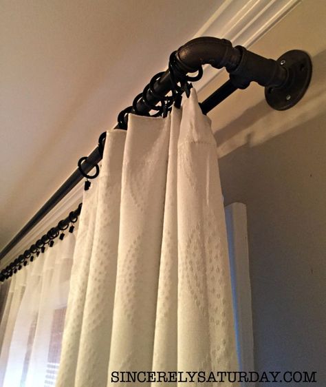 Best double curtain rod ever! - 2 years later Burlap Window Treatments, Window Treatments Ideas, Curtains Pictures, Diy Curtain Rods, Industrial Farmhouse Decor, Double Curtain Rod, Bed Interior, French Curtains, Double Window