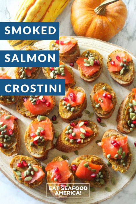 Start your Thanksgiving dinner off with the perfect appetizer. These smoked salmon crostinis with delicata squash will look great on your table and they taste great too! Try these delicious little bites to celebrate together with your family this week! Find the recipe here: https://www.seafoodnutrition.org/project/smoked-salmon-crostini-with-delicata-squash-butter/ Seafood Thanksgiving, Smoked Salmon Crostini, Salmon Crostini, Seafood Pot Pie, Seafood Ideas, Broccoli Tots, Yummy Appetizers Parties, Ideas For Thanksgiving, Pot Pie Filling