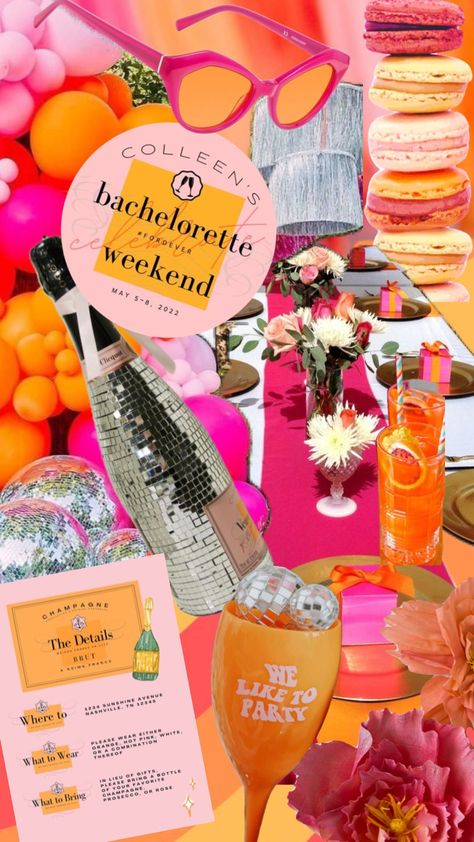 Bachelorette Slumber Party Themes, Bright Colour Bachelorette Party, Orange Themed Bachelorette Party, Veuve Birthday Party, Feeling Spritzy Bachelorette, Rendeveuve Bachelorette, Bachelorette Itenary Ideas, Bachelorette Party Vibes, Colourful Bachelorette