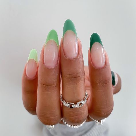 Almond Nails French Tip Color, Colored French Tip Nails Almond, Almond French Tip Nails Color, Green Nails French Tip, Spring French Tips, Long Spring Nails, Natural Spring Nails, Thailand Nails, Spring Nails French Tip