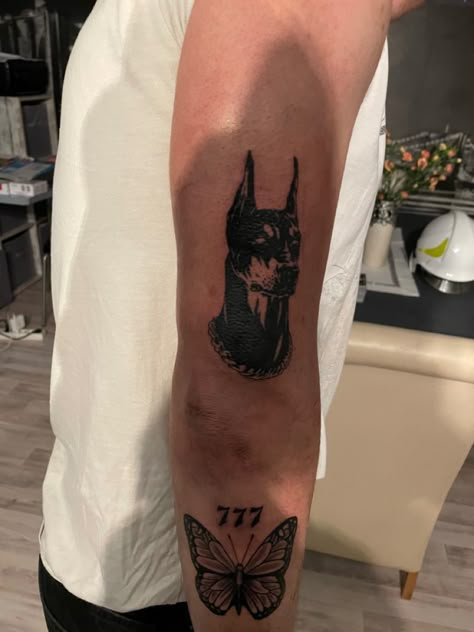 Doberman Tattoo Men, Doberman Head Tattoo, Dog Tattoo Forearm, Doberman Pinscher Tattoo, Traditional Doberman Tattoo, Doberman Tattoo Design, Rottweiler Tattoo, 777 Tattoo, Doberman Tattoo