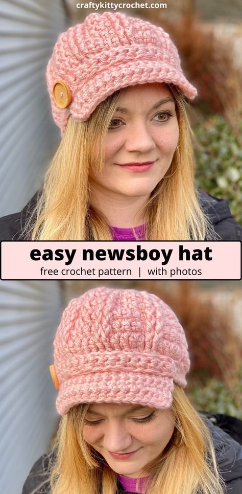 Capitol Couture Newsboy Hat - Crochet Pattern ~ Crafty Kitty Crochet Crochet Newsboy Hat, Crochet Hat With Brim, Easy Crochet Hat, Chunky Hat, Crochet Hat Free, Bonnet Crochet, Crochet Beanie Hat, Newsboy Hat, Crochet Beanie Pattern