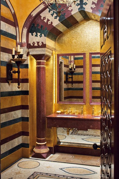 You can be more wildly adventurous in the design of certain areas of the home, such as hallways or cloakrooms, because you pass through the spaces rather than live within them. In this cloakroom of striped marble and gold mosaic, I wanted the client to be transported into a different era. Byzantine Interior Design, Byzantine Interior, Tuscan Bathroom, Mediterranean Bathroom, Timeless Interior Design, Striped Decor, Gold Mosaic, Interior Design Gallery, Timeless Interior