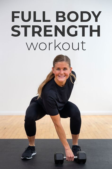 Build strength for your everyday life with this FULL BODY Functional Training Workout! The best strength exercises for women - especially busy moms! This workout is under 25 minutes and requires just a set of dumbbells. Modifications provided for beginner and advanced levels. Strength Training Exercises For Women At Home, Group Strength Training Workout, Circut Training Workout With Weights, Hiit Strength Training Workouts, Strength Training Class Ideas, Functional Movement Workout, Strength Circuit Workouts, One Weight Workout, Functional Full Body Workout