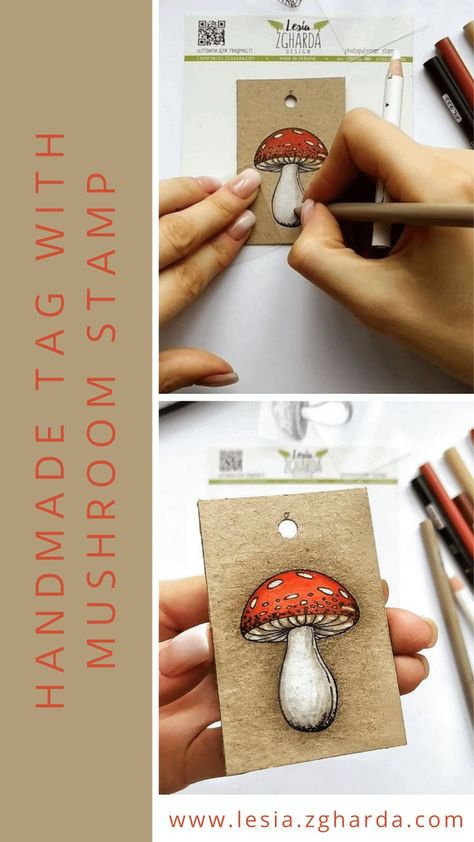 Image - Handmade tag with mushroom stamp by Lesia Zgharda clear stamps Handmade Cards With Mushrooms, Mushroom Cards Handmade, Mushroom Cards, Mushroom Stamp, Inspirational Sketches, Mushroom Card, Garden Classroom, Making Stuff, Birthday Tags