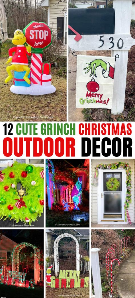 12 Awesome Grinch Outdoor Christmas Decor Ideas | Christmas Decor Grinch Porch Decorations Outdoor, Grinch Outdoor Christmas Lights, Grinch Themed Christmas Decoration Outdoors, Grinch Themed Front Yard, Outdoor Grinch Lights, Outdoor Lights Grinch, Grinch Stealing Lights, Grinch Yard Decorations, Grinch Wreath