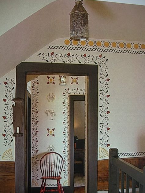 Stencilled walls and tin punch lantern. Could make a tin punch pendant for the hallway? Colonial Stencils, Early American Stencils, Colonial Wall Stencils, Stencil Wall Art Home Decor, Stenciled Walls Ideas, Vintage Wall Stencil, Early American Decor, Hall Wallpaper, Wall Stencil Patterns