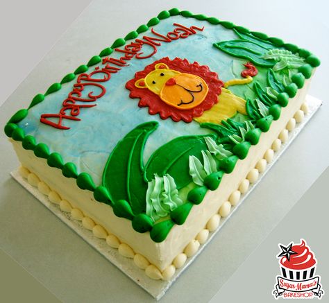 A fun jungle-themed birthday cake with striking green buttercream leaves. Lion Sheet Cake, Jungle Theme Cream Cake, Buttercream Leaves, Tarzan Party, Green Buttercream, Jungle Cakes, Jungle Theme Cakes, Sheet Cake Designs, Birthday Sheet Cakes