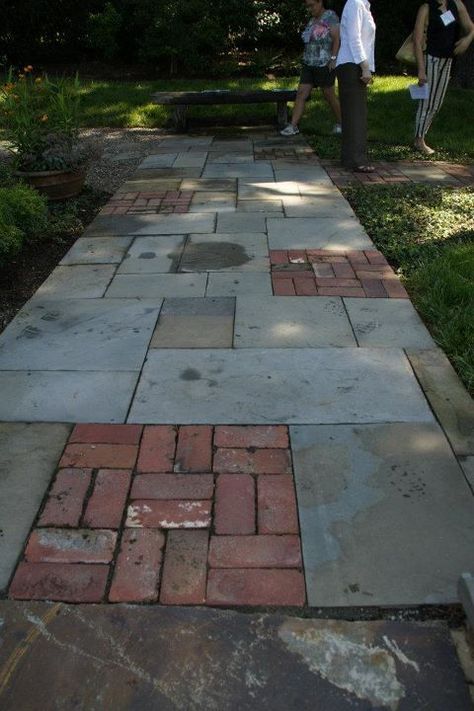 Mixed Material Pathway, Mixed Material Patio, Bluestone Path, Woolly Thyme, Reka Bentuk Landskap, Garden Pavers, Brick Patterns Patio, Walkway Landscaping, Brick Path