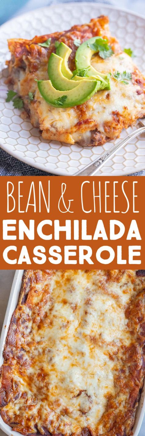 If you're looking for an easy vegetarian dinner that doesn't require many ingredients, look no further than this Bean and Cheese Enchilada Casserole! It's made using just beans, cheese, enchilada sauce and corn tortillas. Serve as a weeknight family dinner, or make for a friend who needs a freezer meal. #vegetariancasserole #enchiladas #beansandcheese #weeknightdinner #kidfriendly No Meat Enchiladas, Bean And Cheese Enchilada Casserole, Bean And Cheese Burrito Casserole, Meatless Monday Recipes Dinner Ideas, Bean Burrito Casserole, Cheese And Onion Enchilada Recipe, Cheese Enchilada Sauce, Bean Enchilada Casserole, Turkey Enchilada Casserole