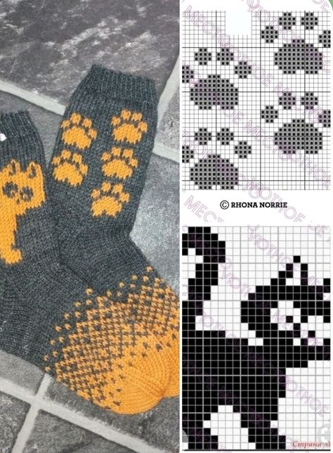 Knit Cat Socks Pattern, Colorwork Socks Free Pattern, Cat Socks Pattern, Sock Yarn Knitting Patterns, Stranded Knitting Patterns, Loom Knit Hat, Knitted Mittens Pattern, Socks Knitting, Fair Isle Knitting Patterns