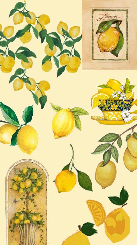 Lemon Wallpaper, Happy Woman Day, Yellow Theme, Wallpaper Collage, Lemon Decor, Italy Print, Lemon Print, Summer Wallpaper, Yellow Background