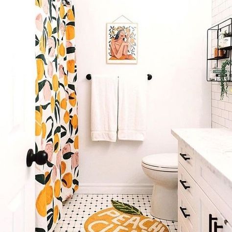 Digging this tropical escape 😜 Gotta love this fun shower curtain spotted over at @thewendyhome! We found an amazon dupe for half the price. Link in profile! https://www.copycatchic.com/2020/10/daily-find-urban-outfitters-allover-fruits-shower-curtain.html Justina Blakeney, Inspire Me Home Decor, Apartment Bathroom, Bathroom Layout, Design Del Prodotto, Cheap Decor, White Bathroom, Sims 3, Amazing Bathrooms