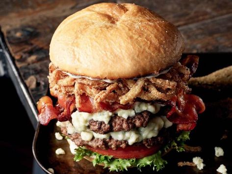 Black and Blue Burger. One of over 200 delicious recipes from Boar’s Head. Black And Blue Burger, Bacon Pickles, Blue Burger, Chicken Hot Dog, Deli Food, Hamburger Recipes, Smash Burger, Burger Recipe, Nutrition Guide