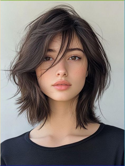 Layered Bob Long Bangs, Squared Face Hairstyles, Face Length Bangs, Shaggy Above Shoulder Hair, Hair Styles For Females, Side Swept Bangs With Medium Hair, Square Face Shoulder Length Hair, Medium Length Haircut Side Part Bangs, Shoulder Length Hair With Bangs Side Part