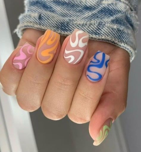 Nail Art Designs Abstract, Quirky Nail Art Designs, Square Rainbow Nails, Short Trippy Nails, Color Block Nails Designs, Hippy Nail Designs, Dopamine Nails, Hippie Nail Designs, Unique Nail Ideas Creative