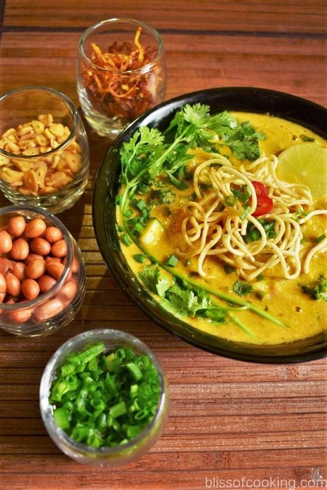 Khow Suey (Noodles in Coconut Curried Sauce) - Bliss Of Cooking Khao Suey Recipe Vegetarian, Khao Suey Recipe, Khow Suey Recipe, Khao Suey, Continental Dishes, Myanmar Food, Continental Food, Noodles Vegetables, Vegetarian Starters