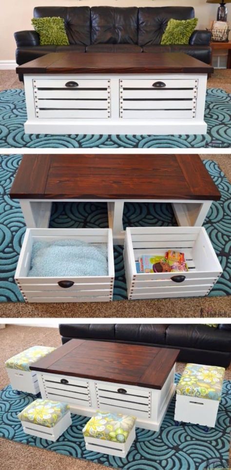 DIY Storage Ideas -Crate Storage Coffee Table and Stools - Home Decor and Organizing Projects for The Bedroom, Bathroom, Living Room, Panty and Storage Projects - Tutorials and Step by Step Instructions for Do It Yourself Organization #diy Wood Crate Coffee Table, Diy Bench Seat, Coffee Table With Stools, Build A Coffee Table, Table And Stools, Diy Wooden Crate, Crate Coffee Table, Bench Design, Diy Table Top