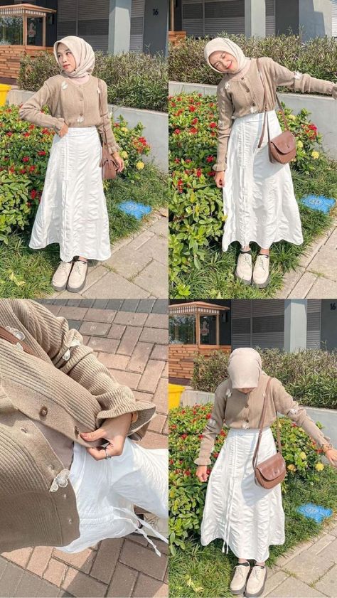 #ootdhijab #mixnmatch #outfithijab #outfitinspo #ootdkekinian #hijabbeauty #beautyhijab #ootdcelana #cardigan #rok #outfitremaja #hijabdress #ootdselebgram #outfitselebgram Outfit Earth Tones, Mix And Match Outfits Hijab, Outfit Ngampus, Cream Outfit, Rok Outfit, Ootd Hijab Casual, Outfit Korean Style, Muslimah Outfit, Muslim Fashion Hijab Outfits