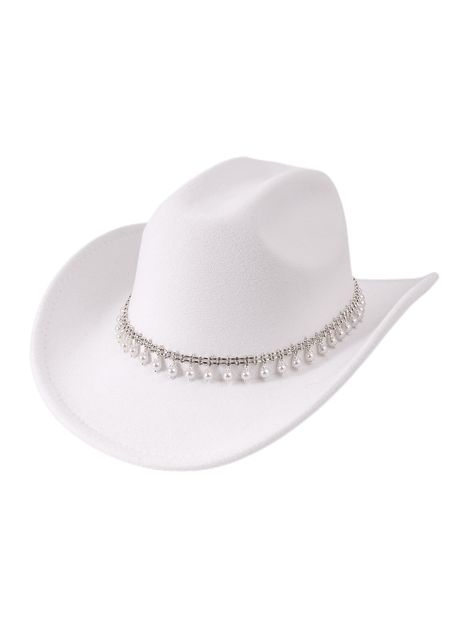 White  Collar  Polyester   Embellished   Women Accessories White Cowboy Hat Decorated, Cowboy Hats For Women Western Style, Embellished Cowboy Hat, White Cowgirl Hat, Sombrero Cowboy, Cowboy Hats Women, White Cowboy Hat, White Hats, Women Fedora